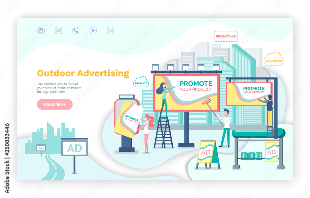Outdoor advertising vector, billboard announcements. Website or webpage template, landing page flat style, business marketing on boards cityscape