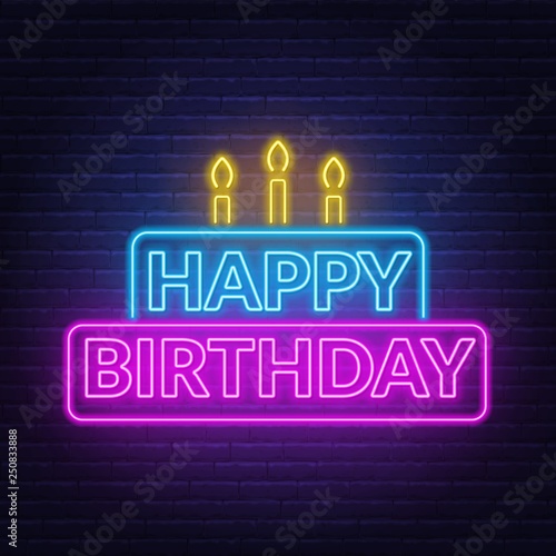 Happy birthday neon sign. Birthday card in the shape of a cake with candles on a dark background. Vector illustration of EPS 10.