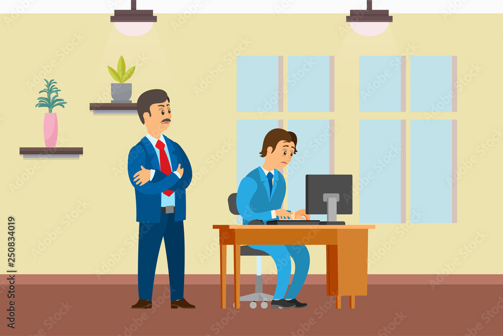Boss watching working process of novice worker vector. Office interior with decoration plants and window. Employer and employee on first day on job Boss watching working process of novice worker vector. Office interior with decoration plants and window. Employer and employee on first day on job