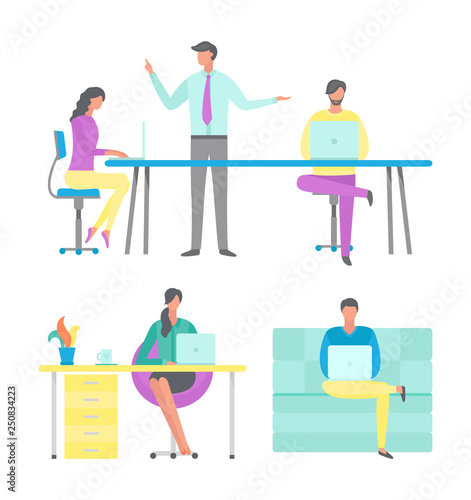 People working in office vector, distant workers at home sitting on sofa with laptops. Woman by desk with computer, boss talking to employee staff