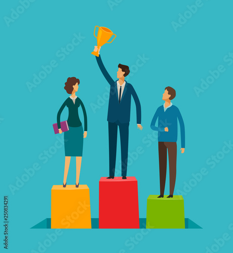 Business people on the pedestal. Success, achievement concept. Infographics vector illustration