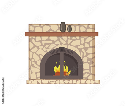 Fireplace with wooden shelf and decor vases isolated icon vector. Paved construction with traditional decoration stones and metal frame material