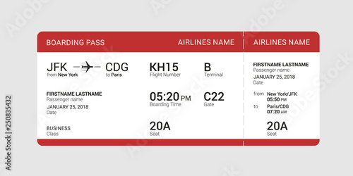 Red boarding pass isolated on a gray background. Vector illustration.