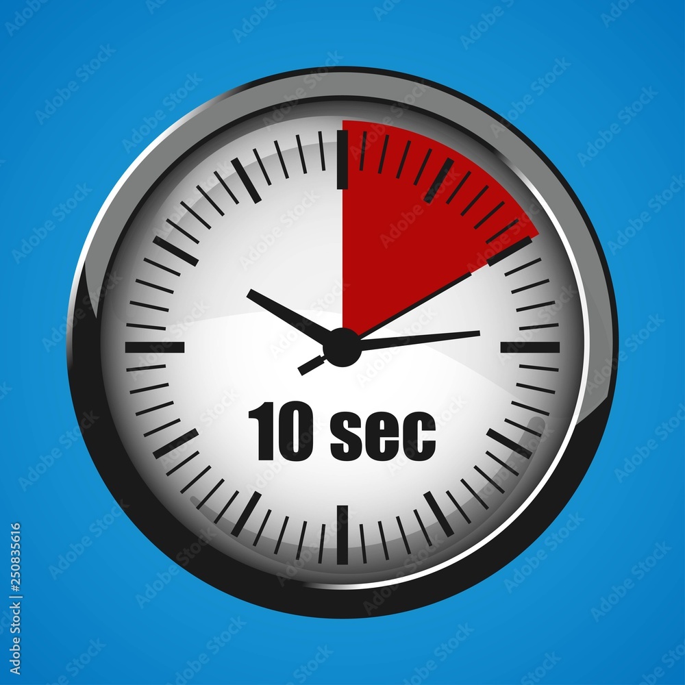 Ten Seconds Clock on blue background. Clock 3d icon. Stopwatch icon. Ten Seconds Clock on blue background. Clock 3d icon. Stopwatch icon.