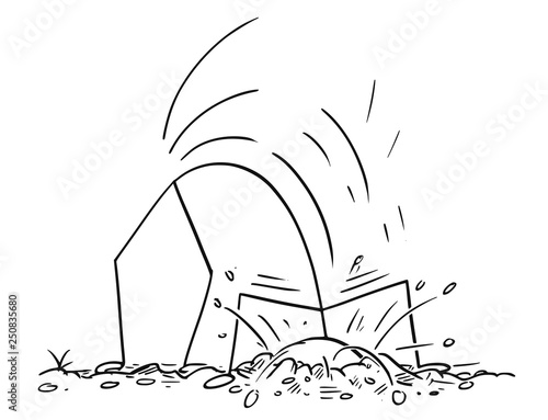 Cartoon stick figure drawing conceptual illustration of man or businessman hiding head in sand or under ground.