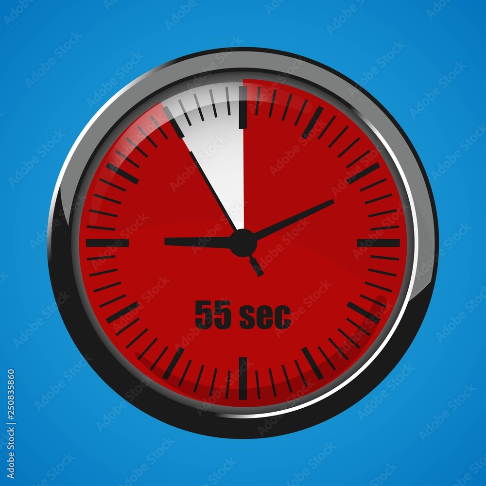 Fifty Five Seconds Clock on blue background. Clock 3d icon. Stopwatch icon. Fifty Five Seconds Clock on blue background. Clock 3d icon. Stopwatch icon.