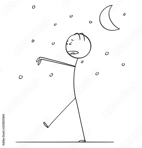 Cartoon stick figure drawing conceptual illustration of somnambulant sleepwalking man walking in night during sleeping.