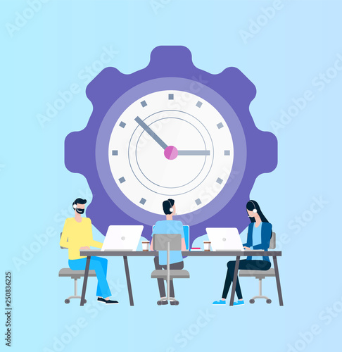 Time management vector, online support workers in headphones at laptop. Clock and men and woman in headphone with computers on desktop, fast efficiency