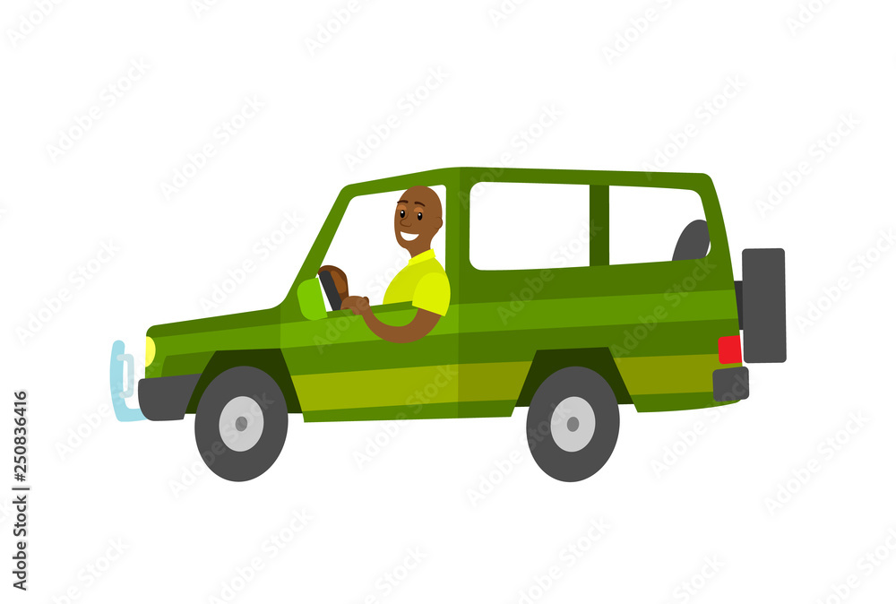 Man driving green car, side view of flat automobile, tourist and travel transport. Journey in vehicle, driver sitting in auto, lifestyle and leisure vector