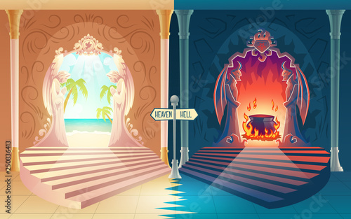 Afterlife payoff cartoon vector concept with stairway to heaven and hell gates with praying angels and horned demons leading to paradise and boiling pot in fire, waymark pointing in two directions