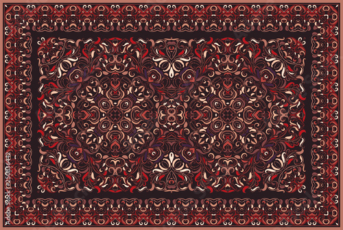 Vintage Arabic pattern. Persian colored carpet. Rich ornament for fabric design, handmade, interior decoration, textiles. Red background.