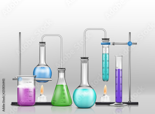 Chemical laboratory experiment 3d realistic vector concept. Lab graduated glassware filled with different color reagents, lab flasks connected with test tubes heating by alcohol burner illustration