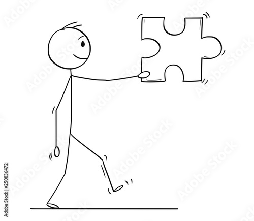 Cartoon stick figure drawing conceptual illustration of man or businessman carrying big jigsaw puzzle piece. Business concept of solution.