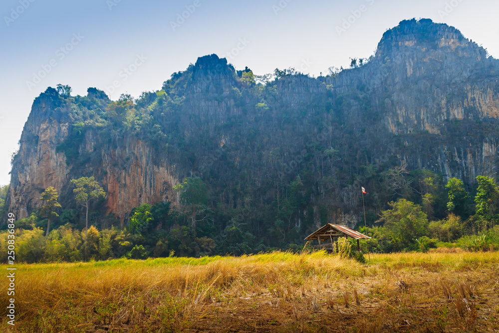 Landscape view of farmer hut in the rice field after harvested with limestone mountains range and blue sky background at Ban Mung village, Noen Maprang district, Phitsanulok province, Thailand.