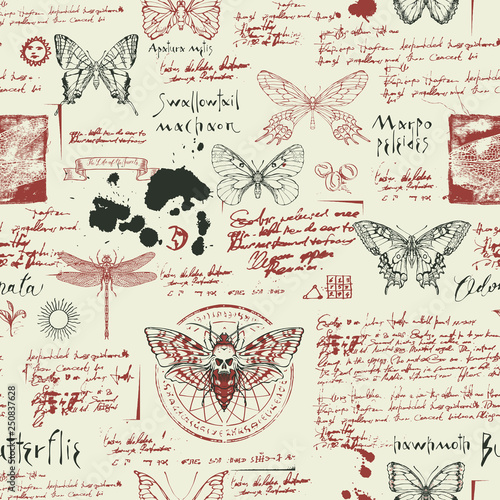 Vector seamless abstract background with insects. Various butterflies, moths, sketches, ink spots and handwritten inscriptions on the old manuscript. Can be used as retro wallpaper, wrapping paper