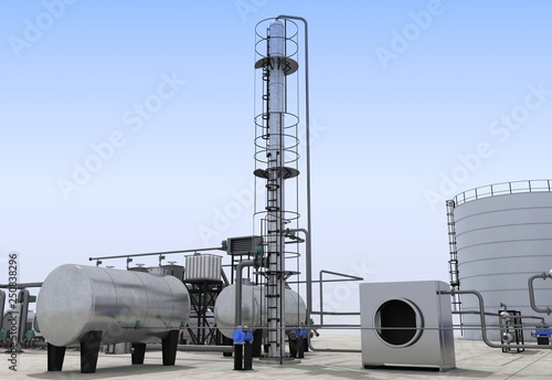 oil refinery, chemical production, waste processing plant, exterior visualization, 3D illustration