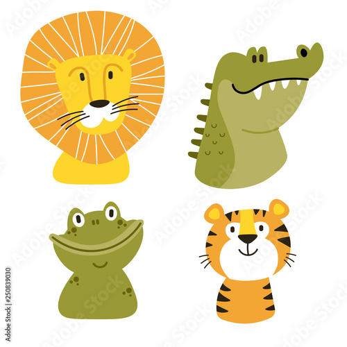 Africa vector set. Safari collection with alligator, frog, lion, toucan, rhino. Perfect for wallpaper,print,packaging,invitations,Baby shower,patterns,travel,logos etc