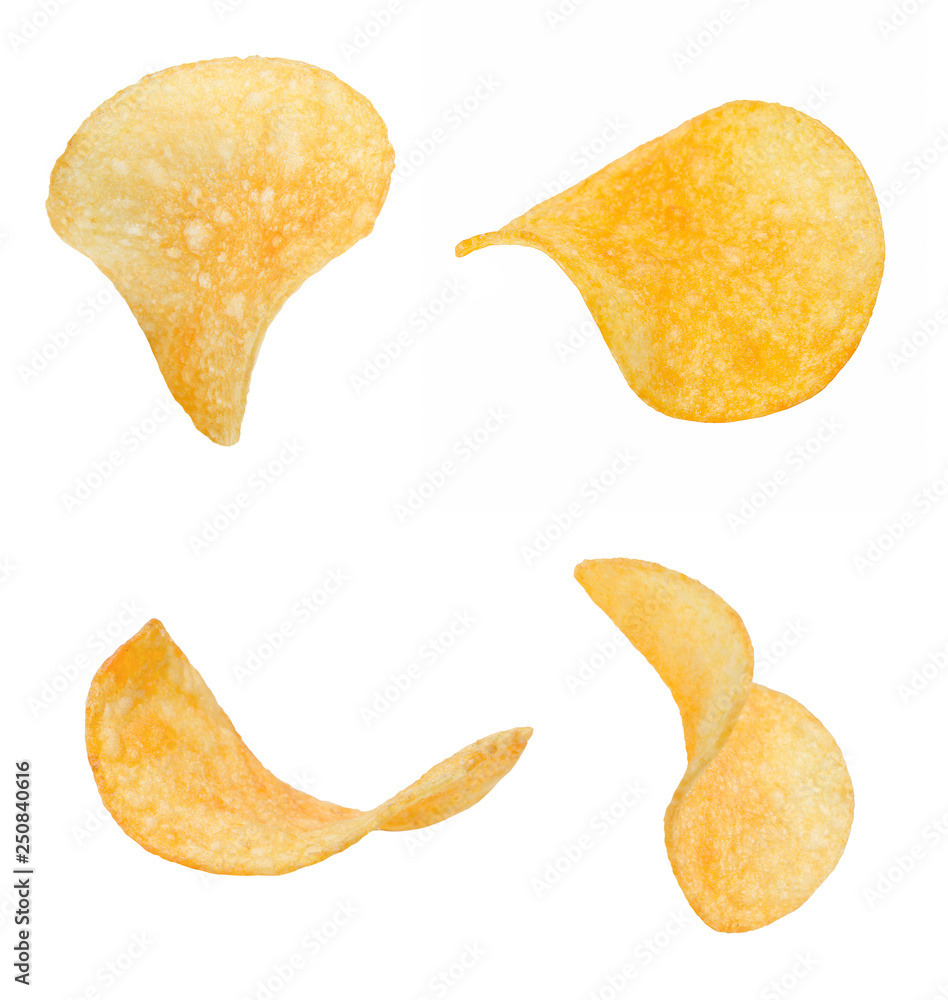 A few slices of crispy chips from different sides. White isolated background. Close-up. A few slices of crispy chips from different sides. White isolated background. Close-up.