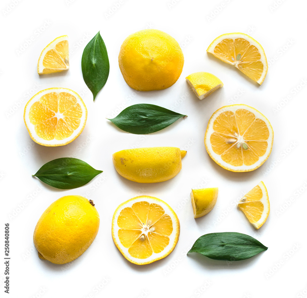 Composition of lemon and leaves in a square. Flat lay. Food concept. Lemon on white background.Top view. Copy space. Mock-up