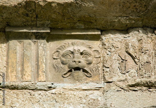 Fontaine lion Bas relief place Cathédrale Saint-Martin de Lucques (Lucques Toscane Italie)