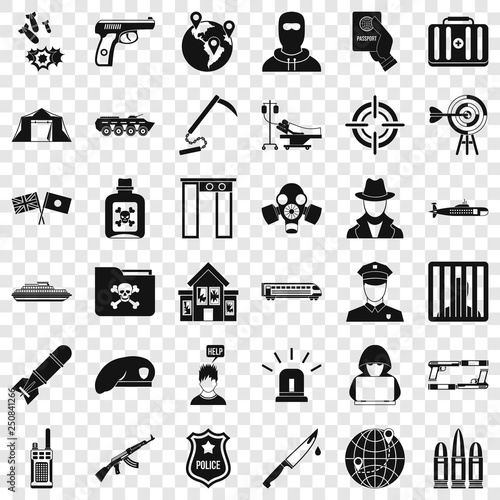 Antiterrorism icons set. Simple style of 36 antiterrorism vector icons for web for any design