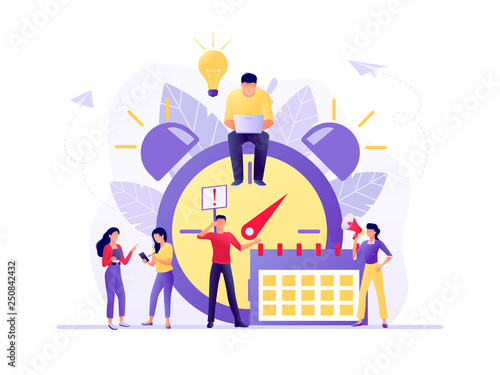 Time management, Deadline with small people around the large watch and calendar. Concept of term and time, planning. Vector flat illustration. Flat concept vector illustration for web, landing page.
