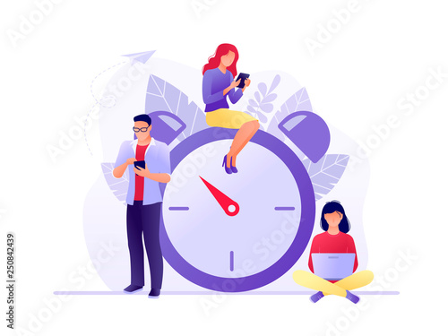 Time management, Deadline with small people around the large watch. Concept of term and time, planning. Vector flat illustration. Flat concept vector illustration for web, landing page.