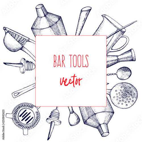 Bartender equipment for making cocktail.Hand drawn illustration.Bar tools. Bar accessories.Stirring spoon, knife,juicer,muddler,pitcher,jigger,strainer,shaker.