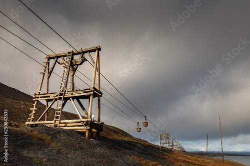Old cableway for transporting coal from mines in Longyearbyen - the most Northern settlement in the world. Svalbard, Norway