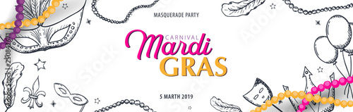 Mardi gras carnival party. Masquerade. Fat tuesday, festival. Vector illustration.