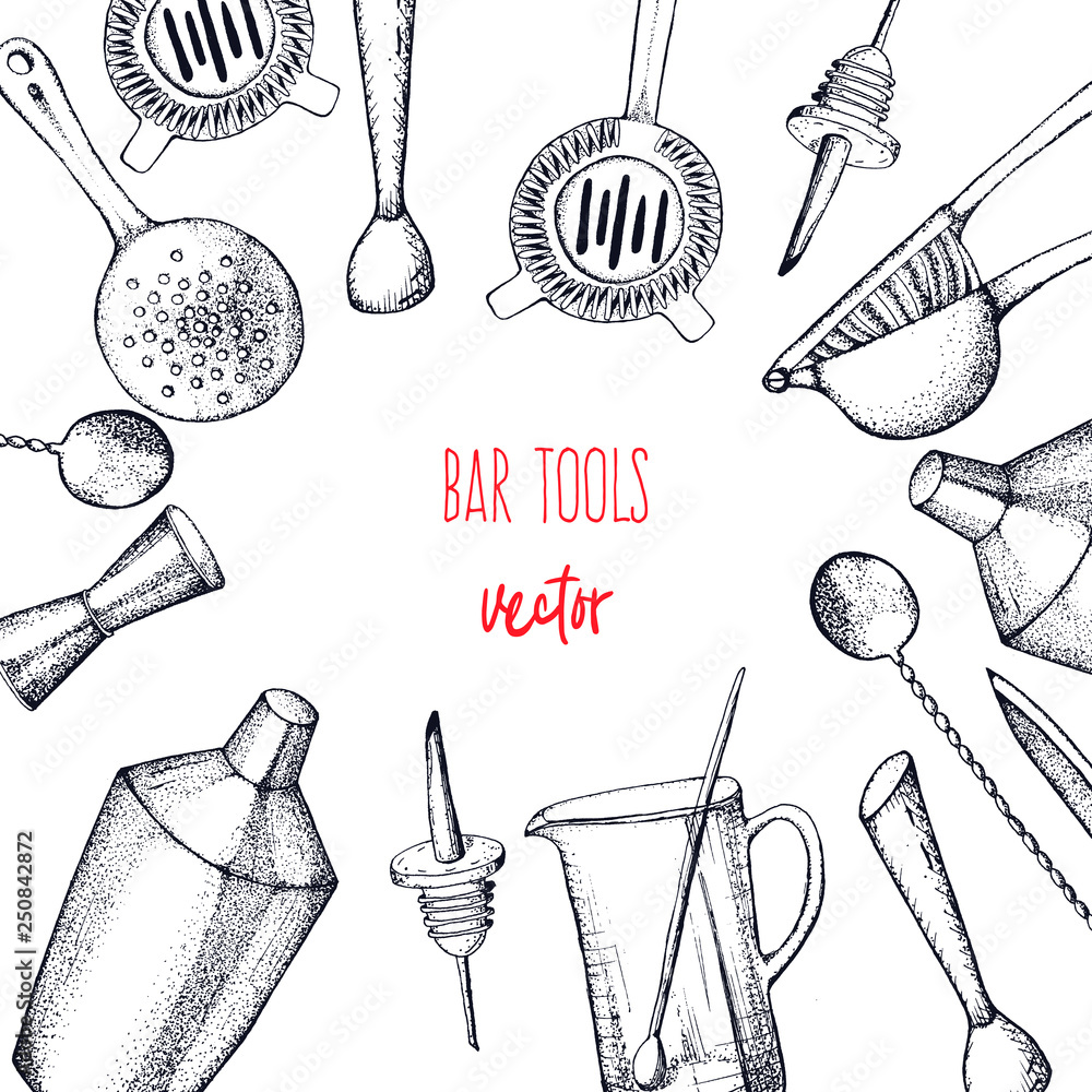 Bartender equipment for making cocktail.Hand drawn illustration.Bar tools. accessories.Stirring spoon, knife,juicer,muddler,pitcher,jigger,strainer,shaker. ベクター | Adobe Stock