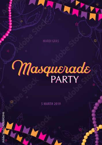 Mardi gras carnival party. Masquerade. Fat tuesday, festival. Vector illustration.