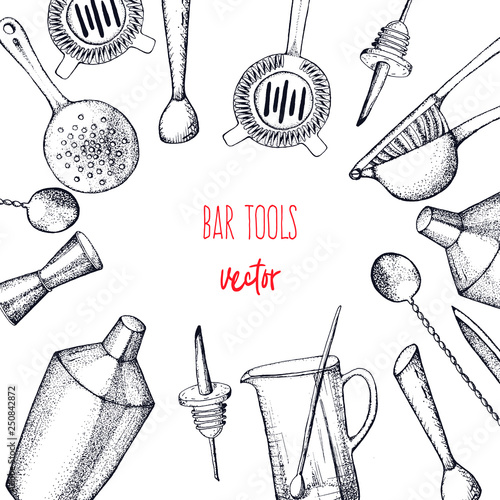 Bartender equipment for making cocktail.Hand drawn illustration.Bar tools. Bar accessories.Stirring spoon, knife,juicer,muddler,pitcher,jigger,strainer,shaker.