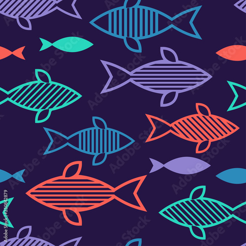 Seamless pattern with fishes in the sea. Cute cartoon. Doodle. Can be used for wallpaper  textile  invitation card  wrapping  web page background.