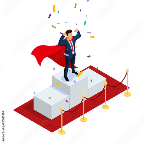 Isometric Superhero businessman or manager concept with characters. Can use for web banner, infographics, hero images. 3d vector illustration isolated on white background