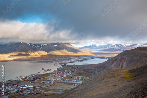 View over Longyearbyen from above - the most Northern settlement in the world. Svalbard  Norway