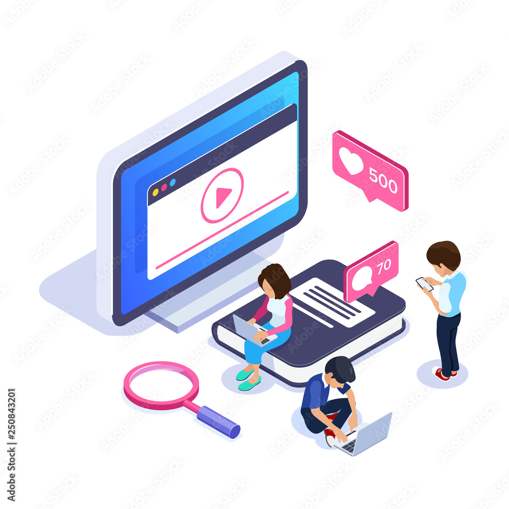 3d Isometric online learning concept. Video tutorials on the screen of a computer or phone. People on the background of the monitor and a large book. Can use for web banner, infographics, hero images 3d Isometric online learning concept. Video tutorials on the screen of a computer or phone. People on the background of the monitor and a large book. Can use for web banner, infographics, hero images