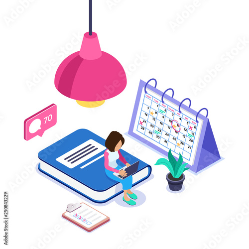 3d Isometric online learning concept. Woman with a laptop gets new knowledge on a big book. Large lamp. Can use for web banner, infographics, hero images