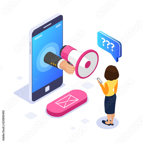 3d Isometric voice message concept. Megaphone in hand. A woman listens to a voice message on the phone. Email button. Can use for web banner, infographics, hero images. Isolated