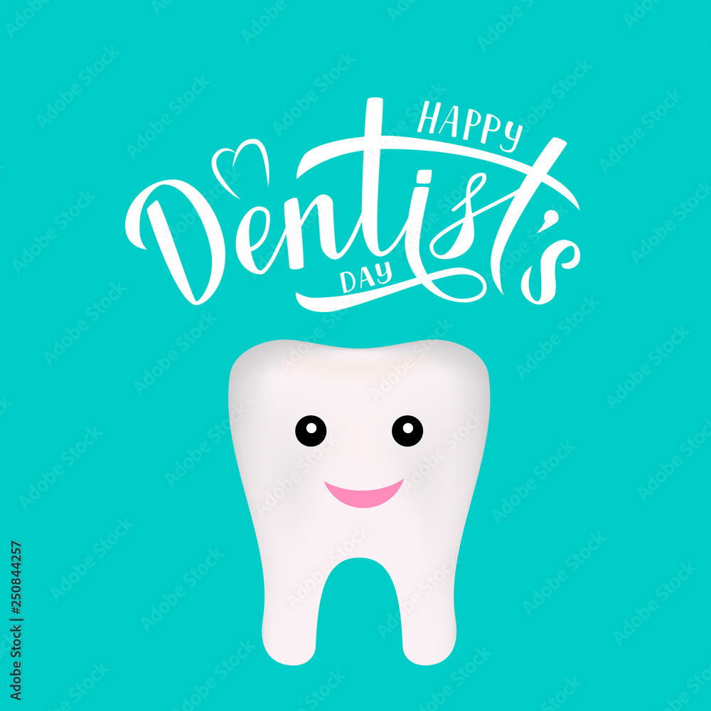 Happy Dentist's Day calligraphy hand lettering with cartoon smiling tooth.  Typography poster. Easy to edit vector template for dentist day greeting  card, dental clinic banner, logo, flyer, etc. Stock Vector | Adobe