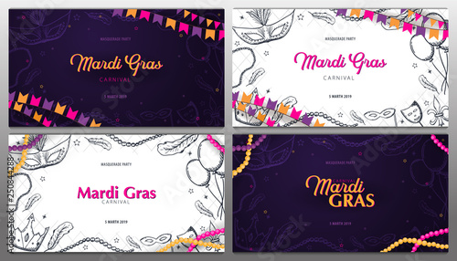 Set of banners Mardi gras carnival party. Masquerade. Fat tuesday, festival. Vector illustration.