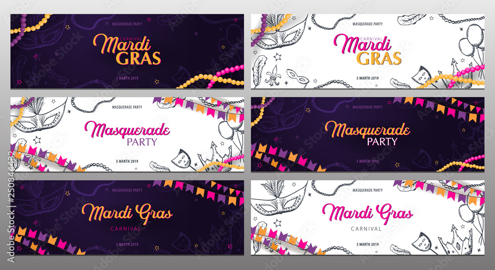 Set of banners Mardi gras carnival party. Masquerade. Fat tuesday, festival. Vector illustration.