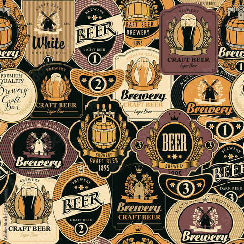 Vector seamless pattern on the theme of beer with various beer labels with images of barrels, beer glasses, mills, laurel wreathes, ears of wheat and other in retro style