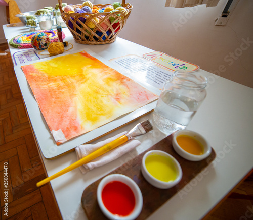 watercolor paints and paint brushes photo