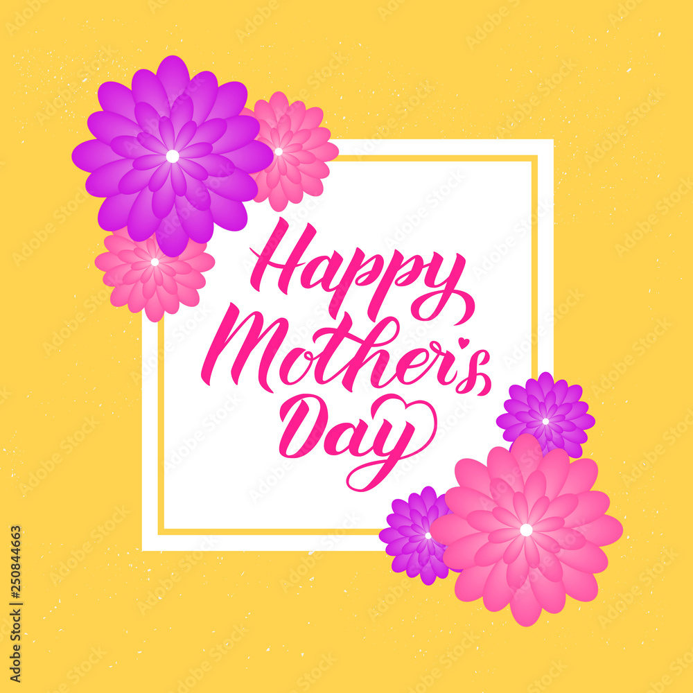 Happy Mother’s Day calligraphy lettering with colorful spring flowers. Origami paper cut style vector illustration. Template for Mothers day party invitations, greeting cards, tags, flyers, posters.