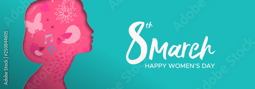 Happy Womens Day paper cut banner of woman head