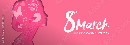 Happy Womens Day paper cut banner of woman head