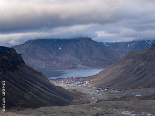 View over Longyearbyen from above - the most Northern settlement in the world. Svalbard, Norway