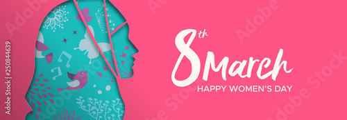 Happy Womens Day banner of arab muslim woman head