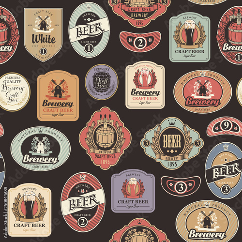 Vector seamless pattern on the theme of beer with various beer labels with images of barrels, beer glasses, mills, laurel wreathes, ears of wheat and other in retro style on the black background